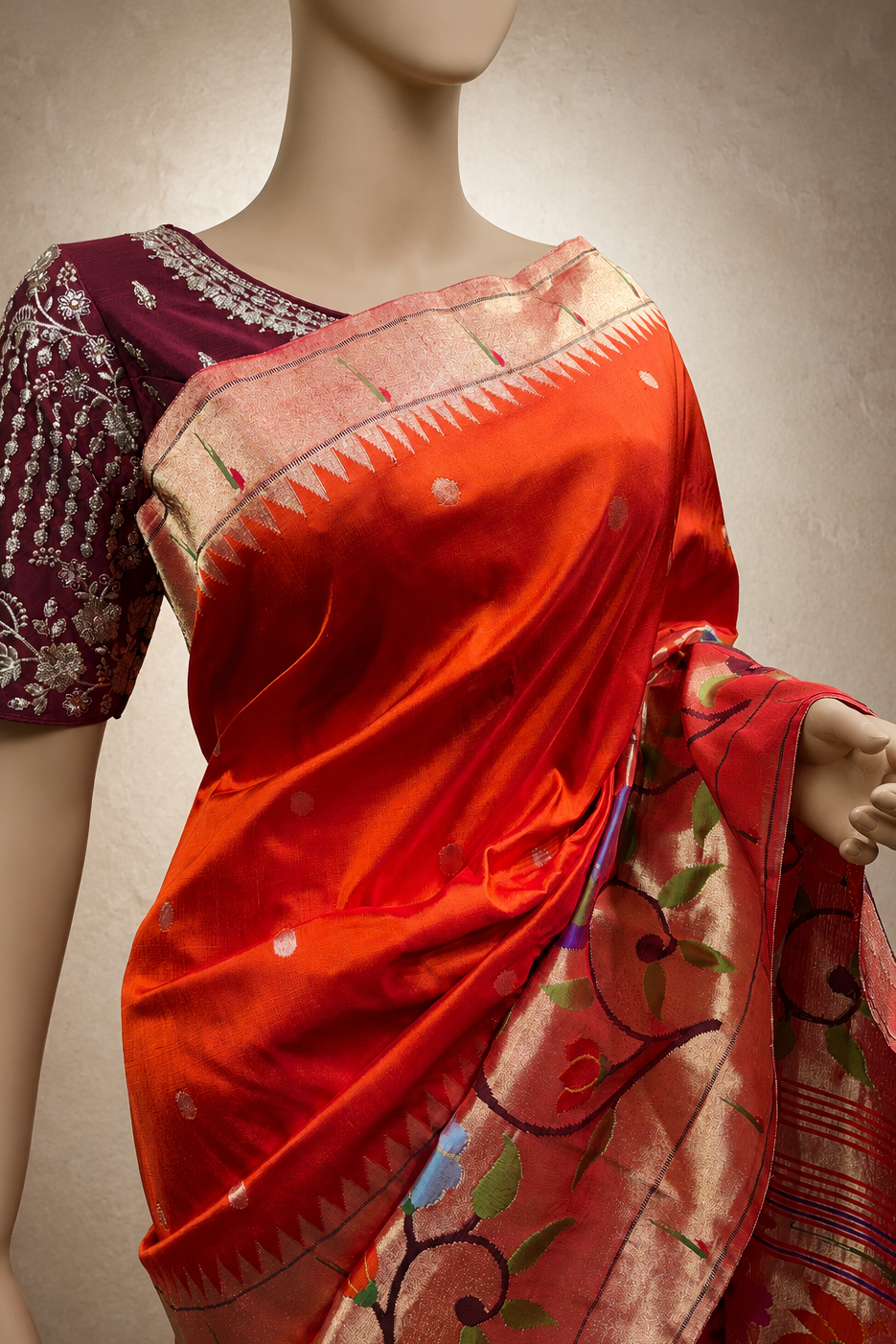 Handloom Brocade Paithani with One-Side Skirt, One-Side Muniya Border and Fancy Pallu
