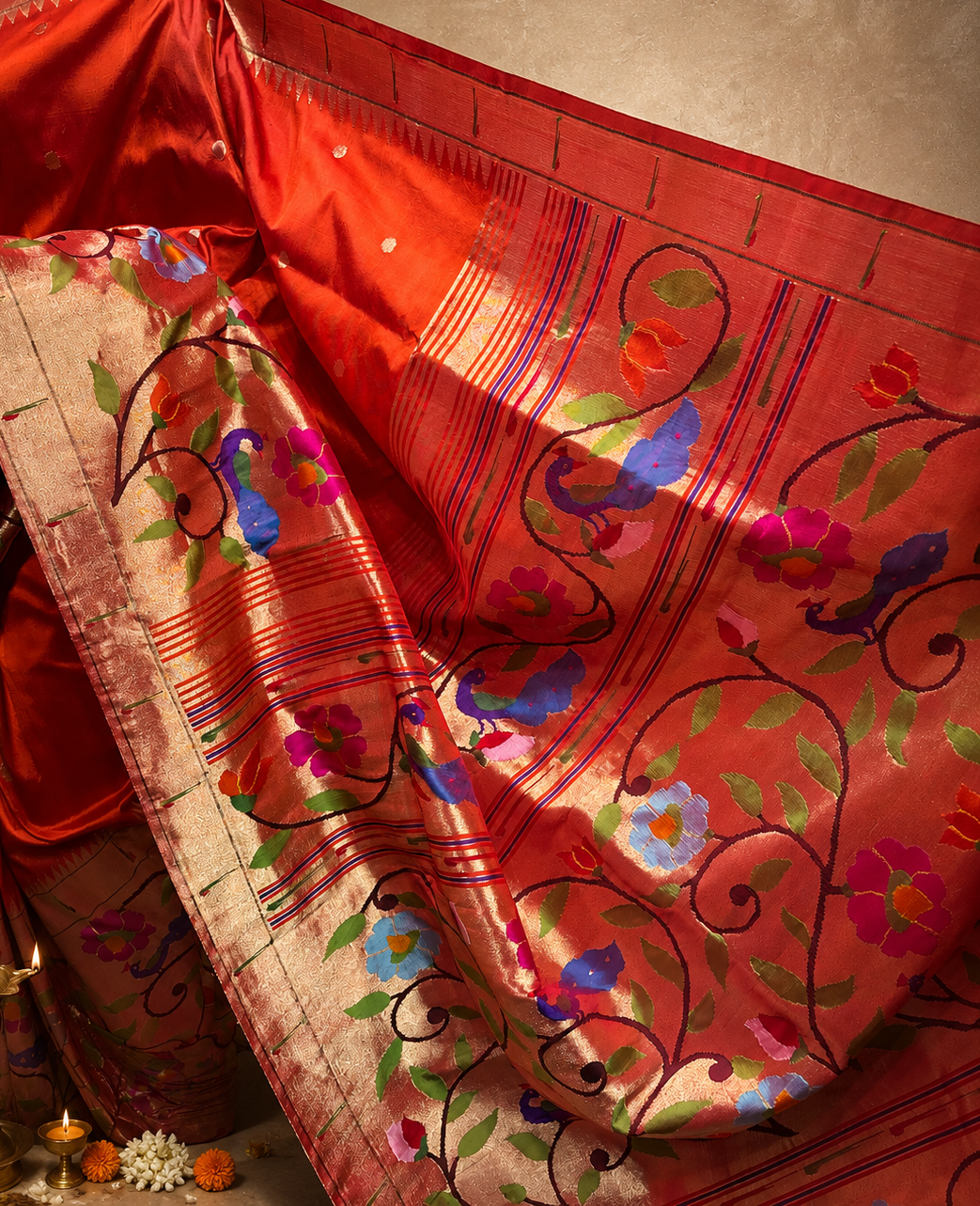 Handloom Brocade Paithani with One-Side Skirt, One-Side Muniya Border and Fancy Pallu