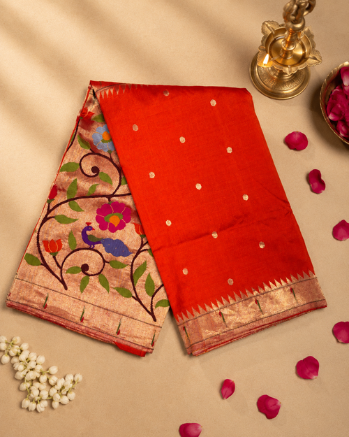 Handloom Brocade Paithani with One-Side Skirt, One-Side Muniya Border and Fancy Pallu
