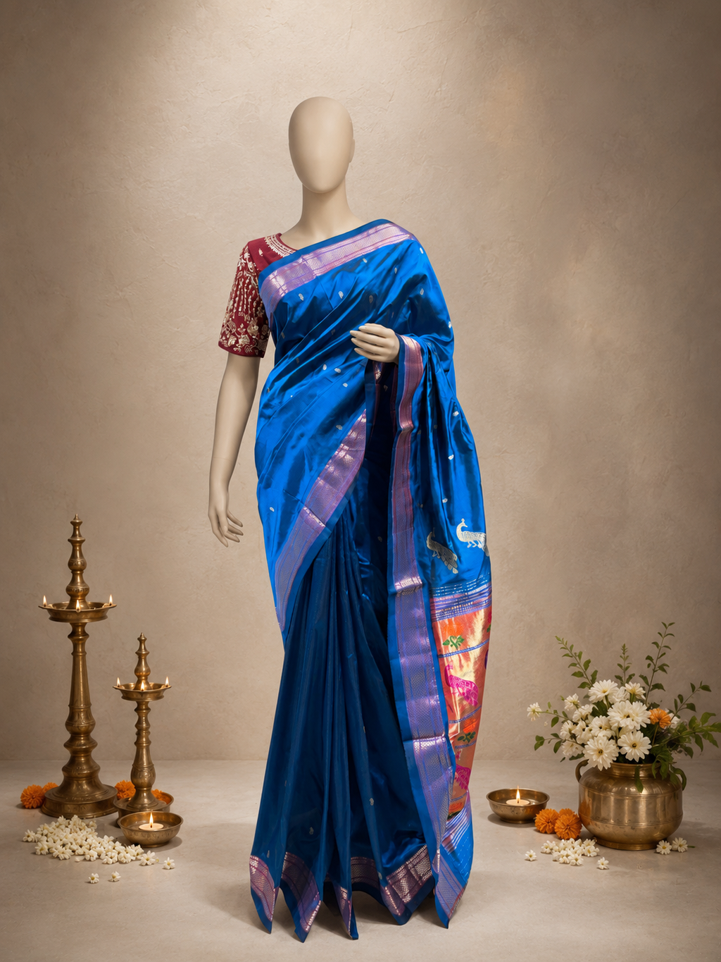 Traditional Border Paithani with Tissue Pallu and Shoulder Peacock