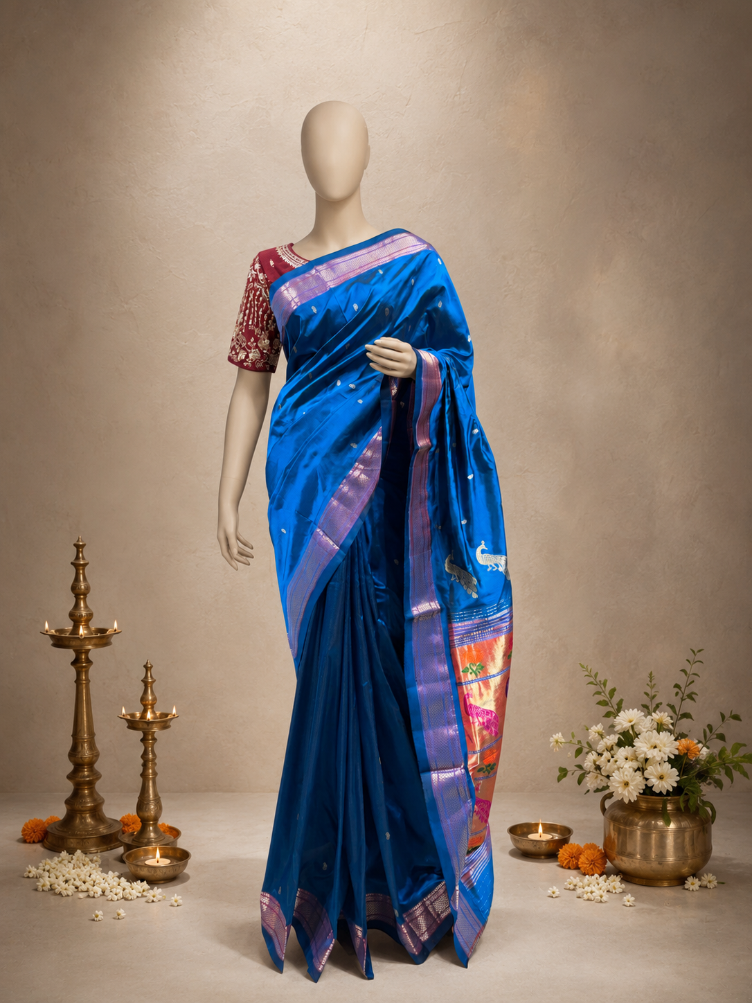 Traditional Border Paithani with Tissue Pallu and Shoulder Peacock