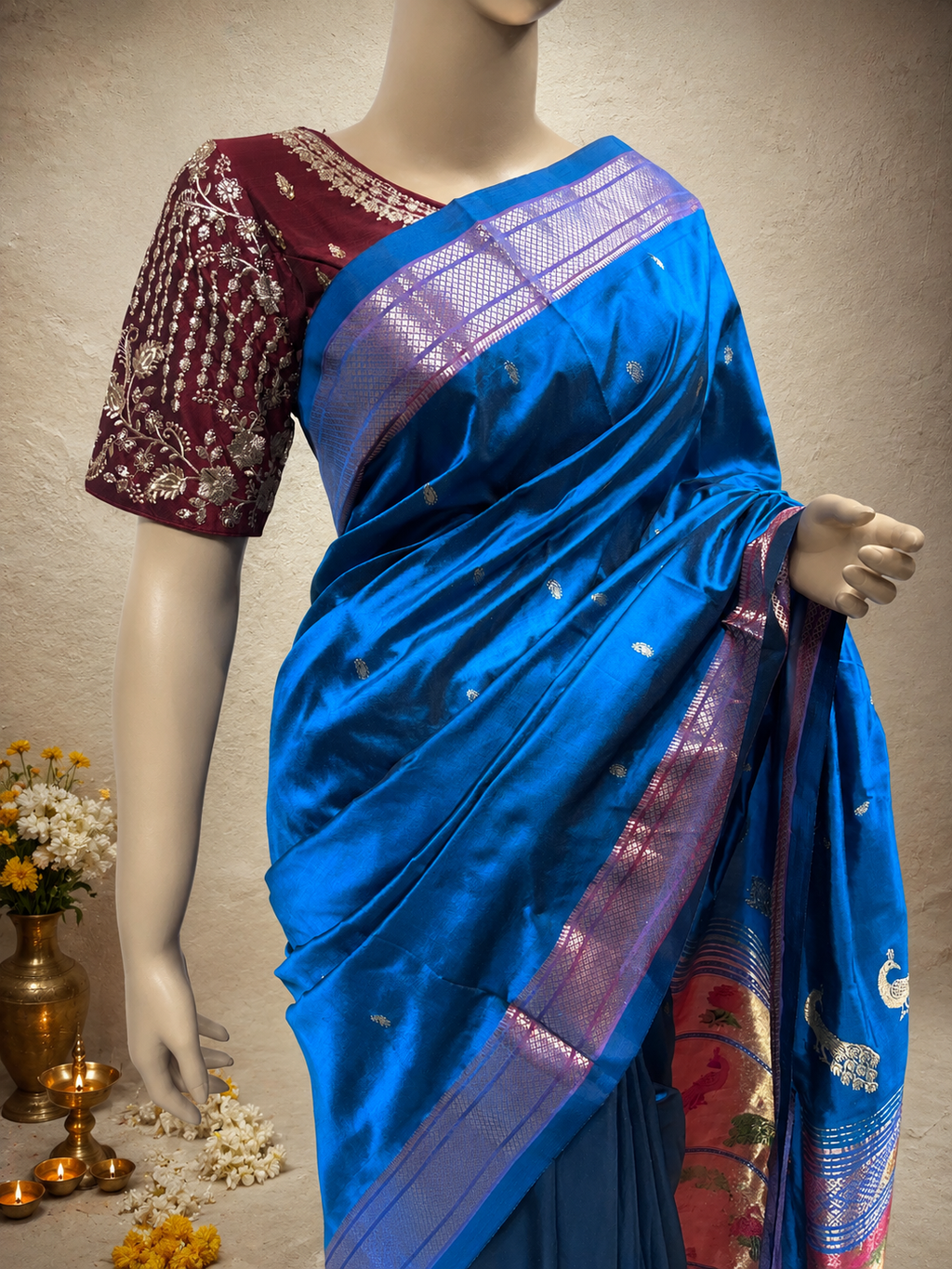 Traditional Border Paithani with Tissue Pallu and Shoulder Peacock