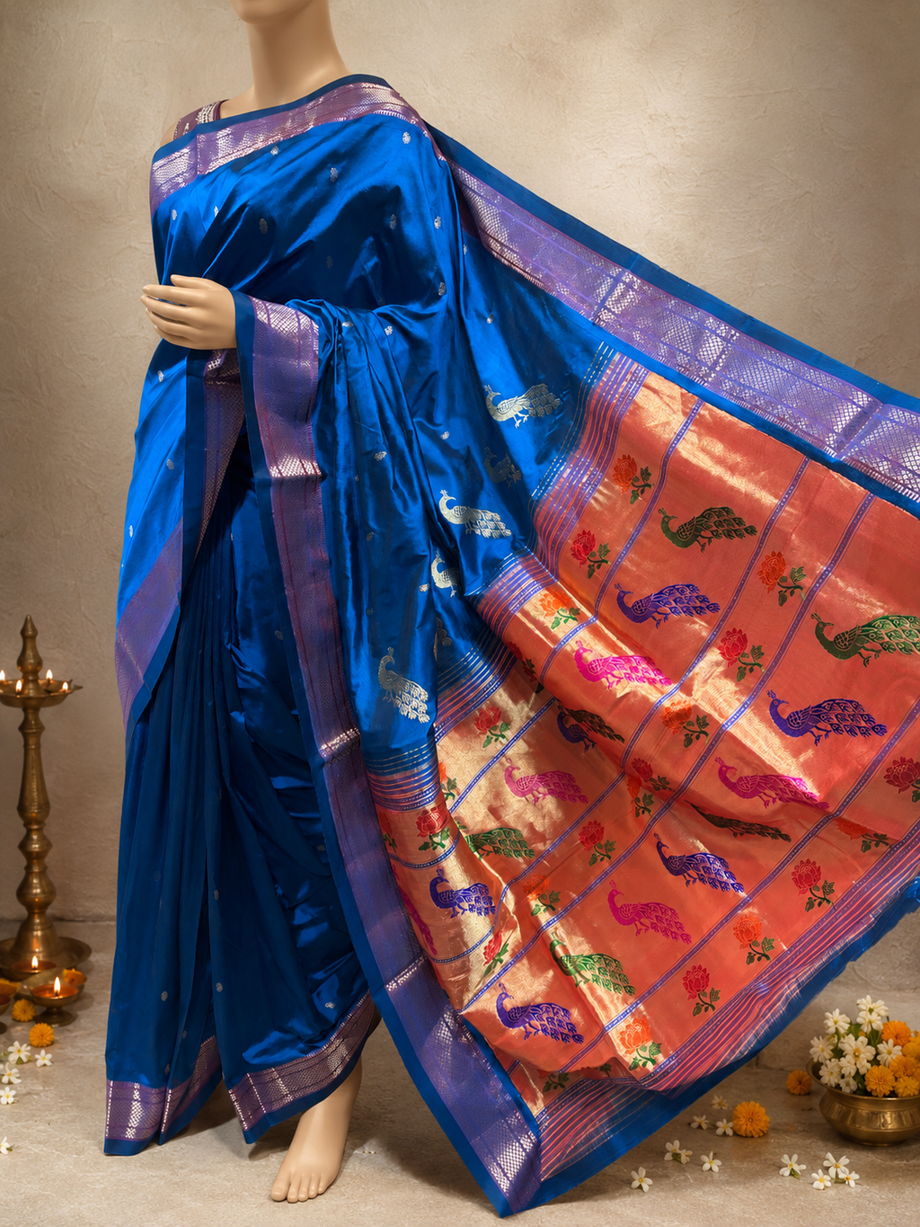 Traditional Border Paithani with Tissue Pallu and Shoulder Peacock