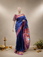 Paithani with Traditional Border, Four-Corner Peacock and Shoulder Mango Design