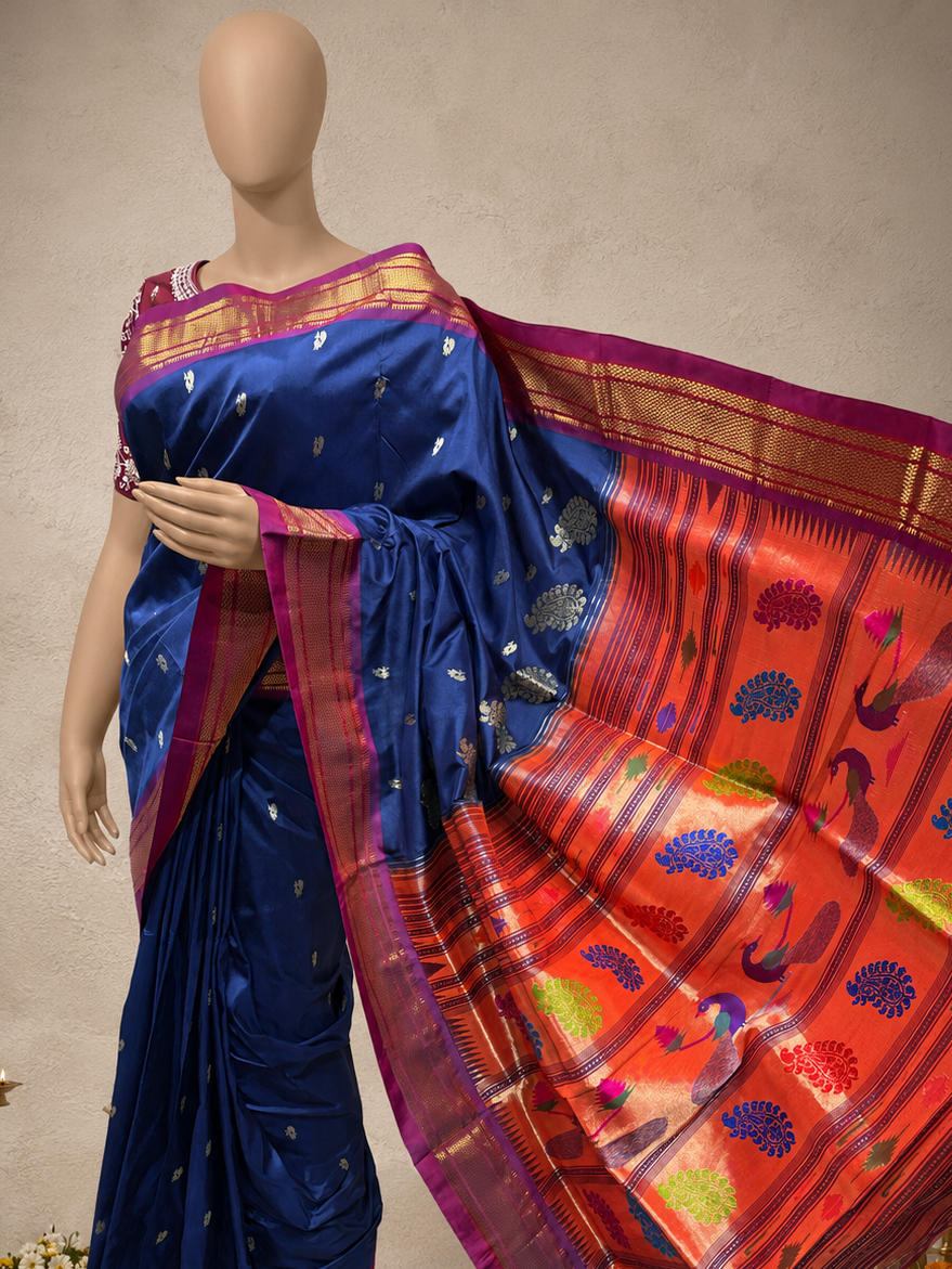 Paithani with Traditional Border, Four-Corner Peacock and Shoulder Mango Design