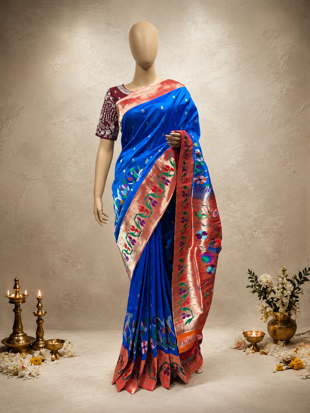 South Brocade Paithani with Flower Border, Side Muniya Skirt Border, All-Over Butti and Fancy Pallu