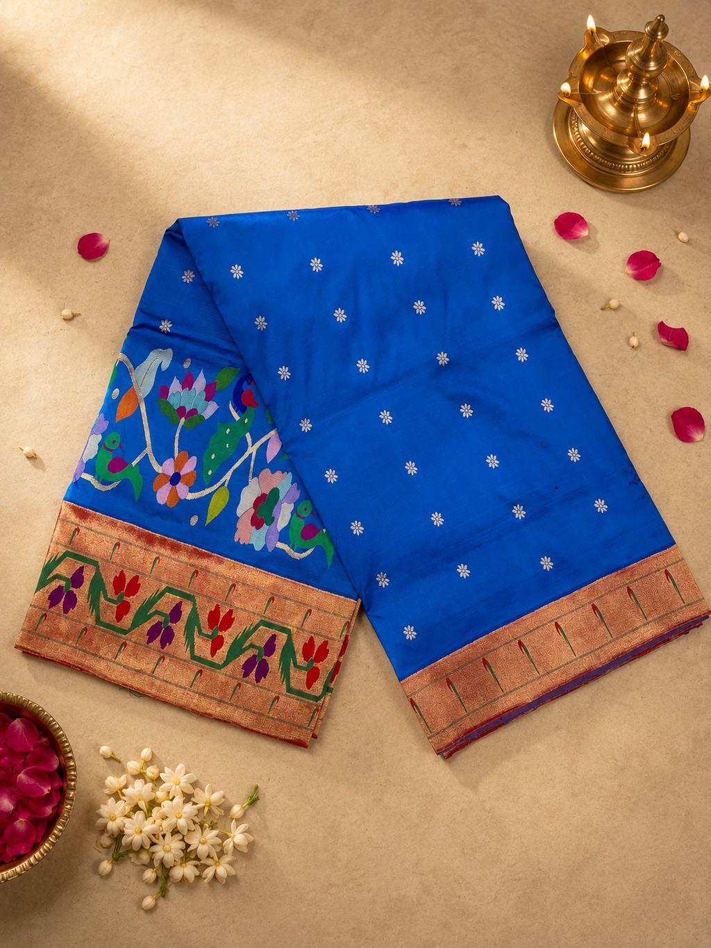 South Brocade Paithani with Flower Border, Side Muniya Skirt Border, All-Over Butti and Fancy Pallu