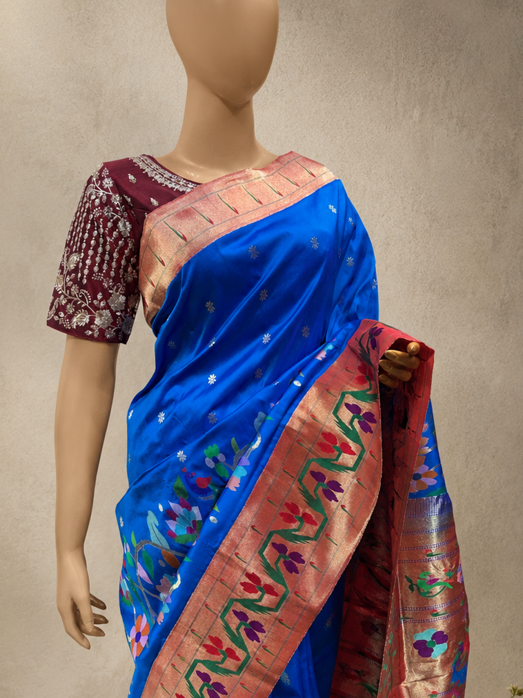 South Brocade Paithani with Flower Border, Side Muniya Skirt Border, All-Over Butti and Fancy Pallu