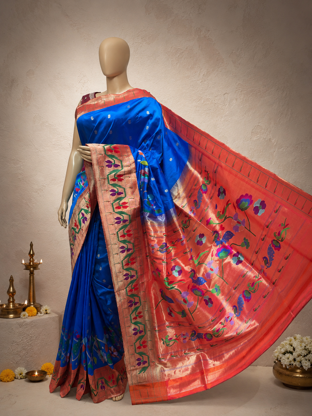 South Brocade Paithani with Flower Border, Side Muniya Skirt Border, All-Over Butti and Fancy Pallu