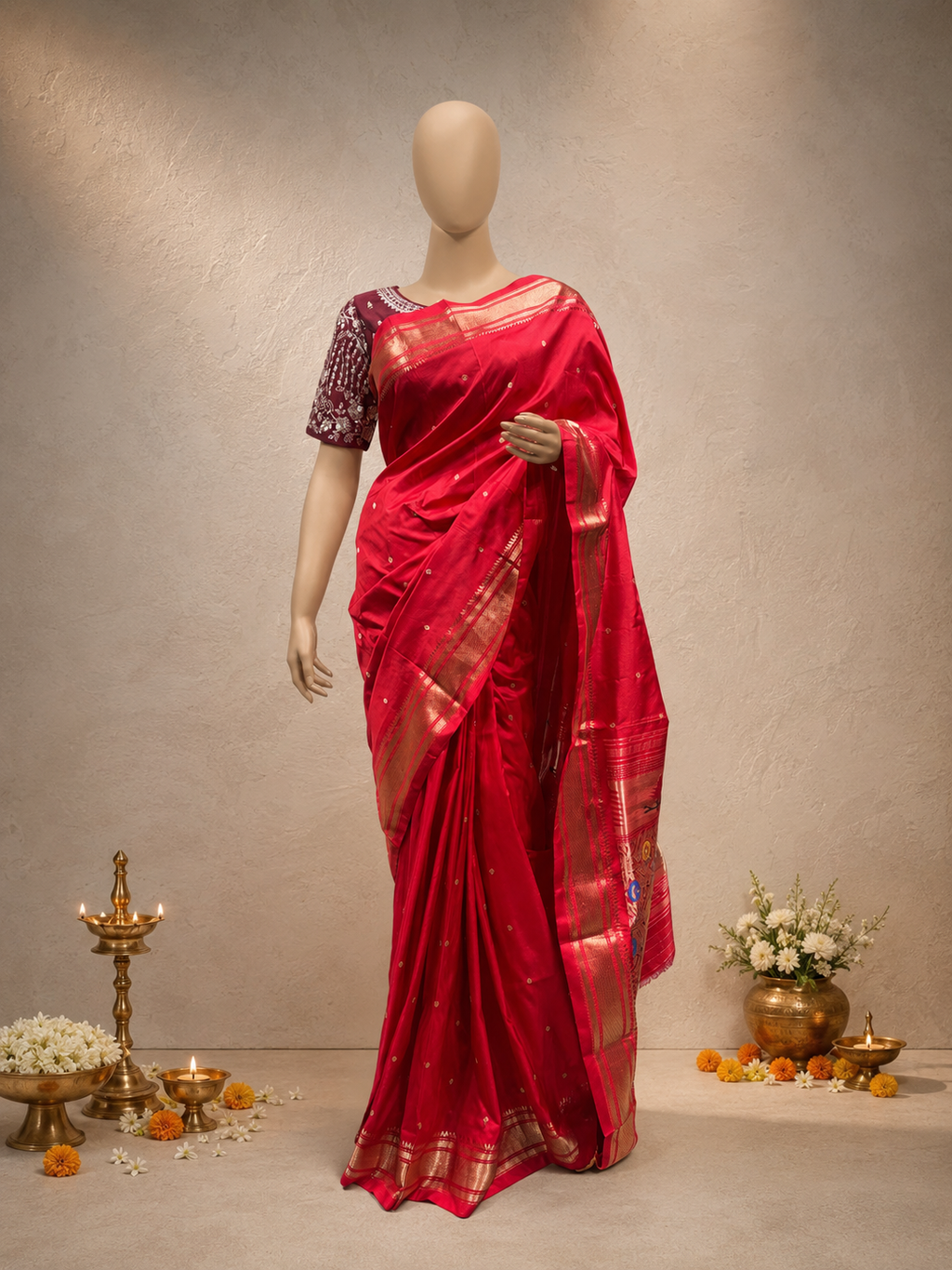 Traditional Paithani Border with Handloom Banarasi-Design Pallu, Non-Figurative Self-Colour Combination