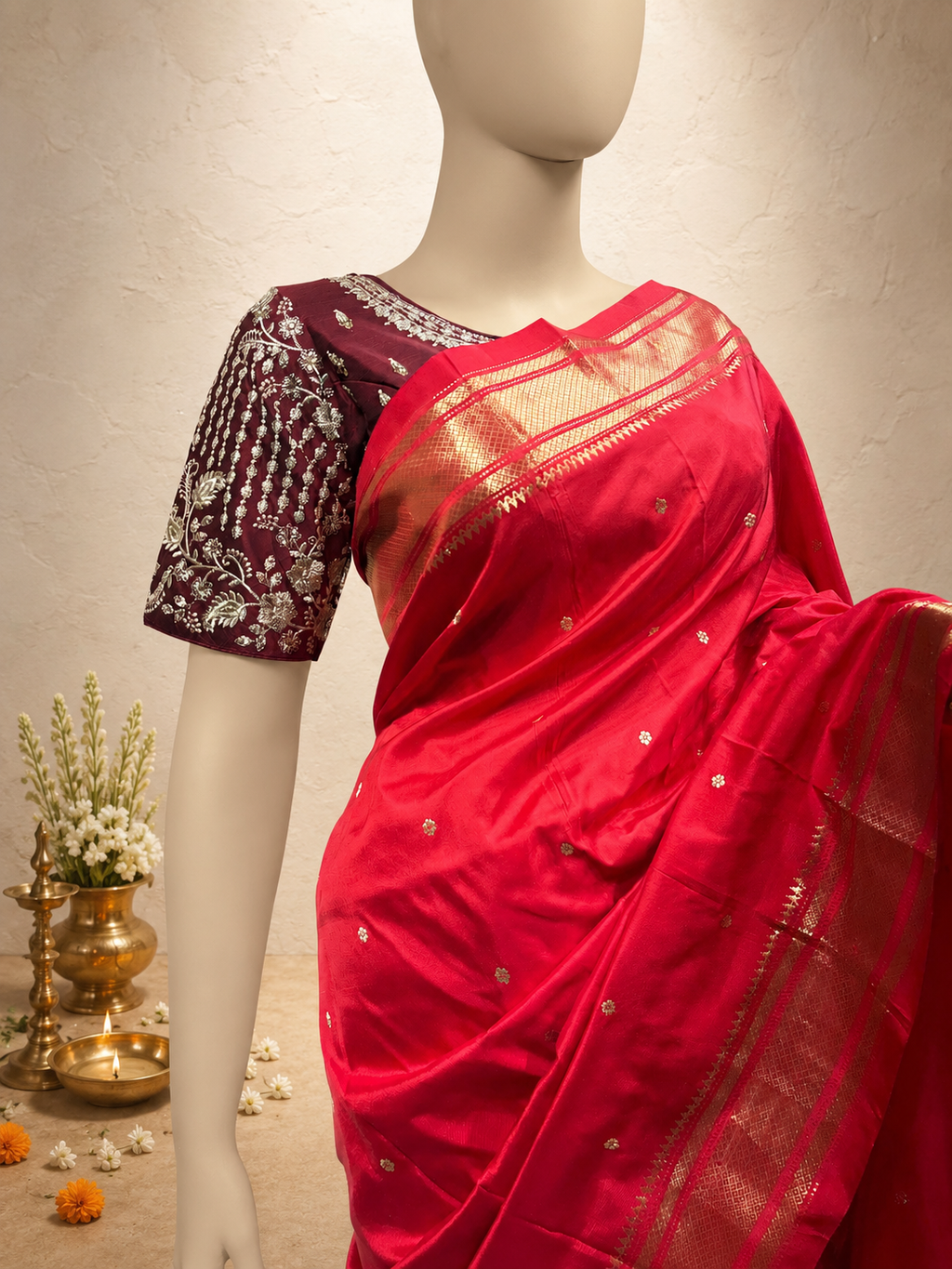 Traditional Paithani Border with Handloom Banarasi-Design Pallu, Non-Figurative Self-Colour Combination