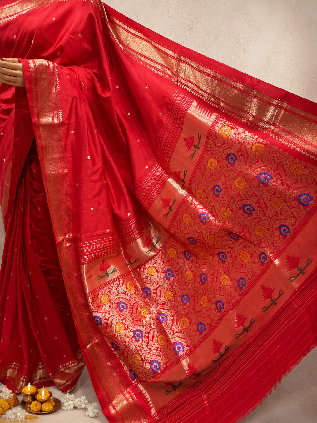 Traditional Paithani Border with Handloom Banarasi-Design Pallu, Non-Figurative Self-Colour Combination