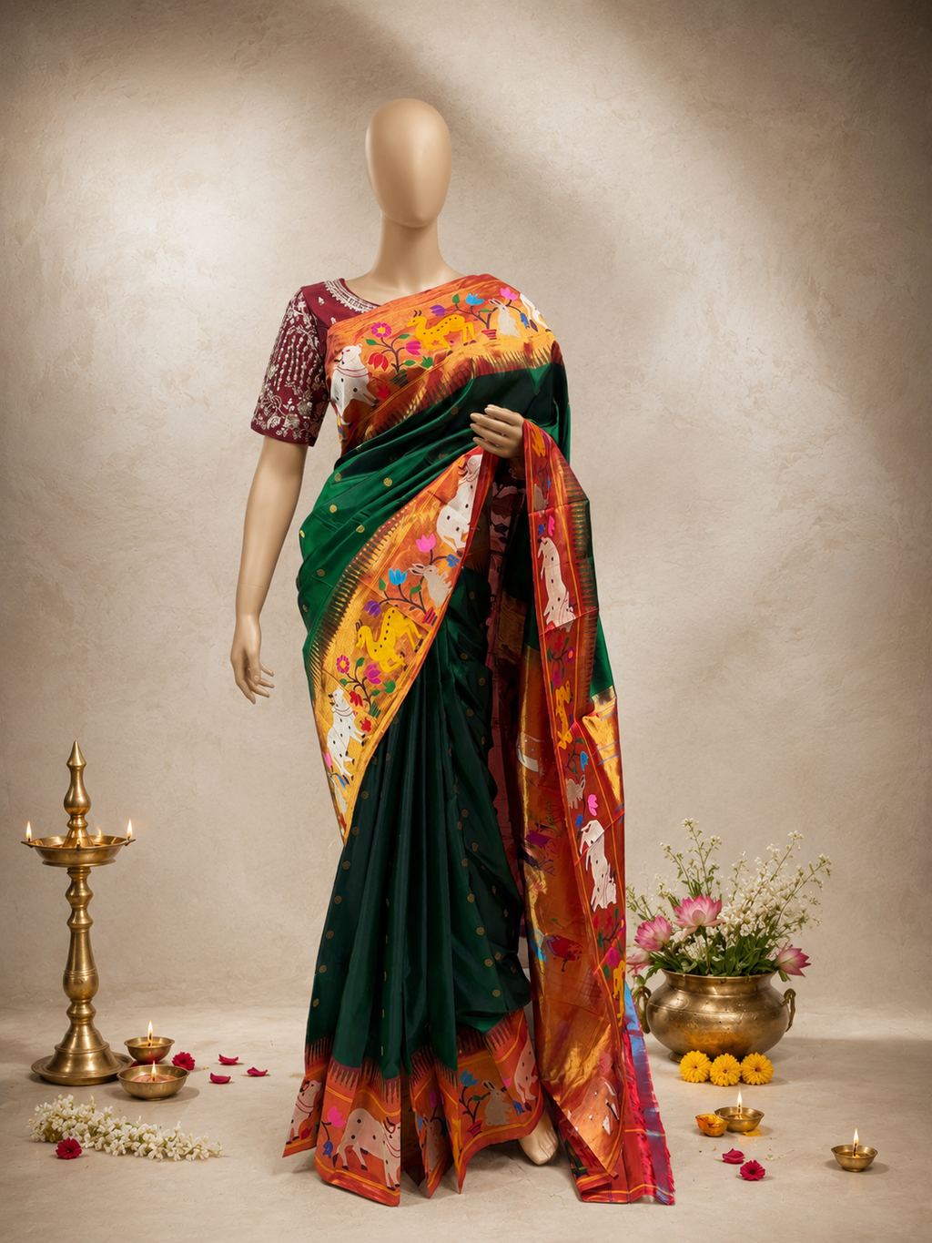 South Brocade Paithani with Cow, Bear, Rabbit and Lotus Border, All-Over Butti and Fancy Pallu