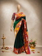 South Brocade Paithani with Cow, Bear, Rabbit and Lotus Border, All-Over Butti and Fancy Pallu