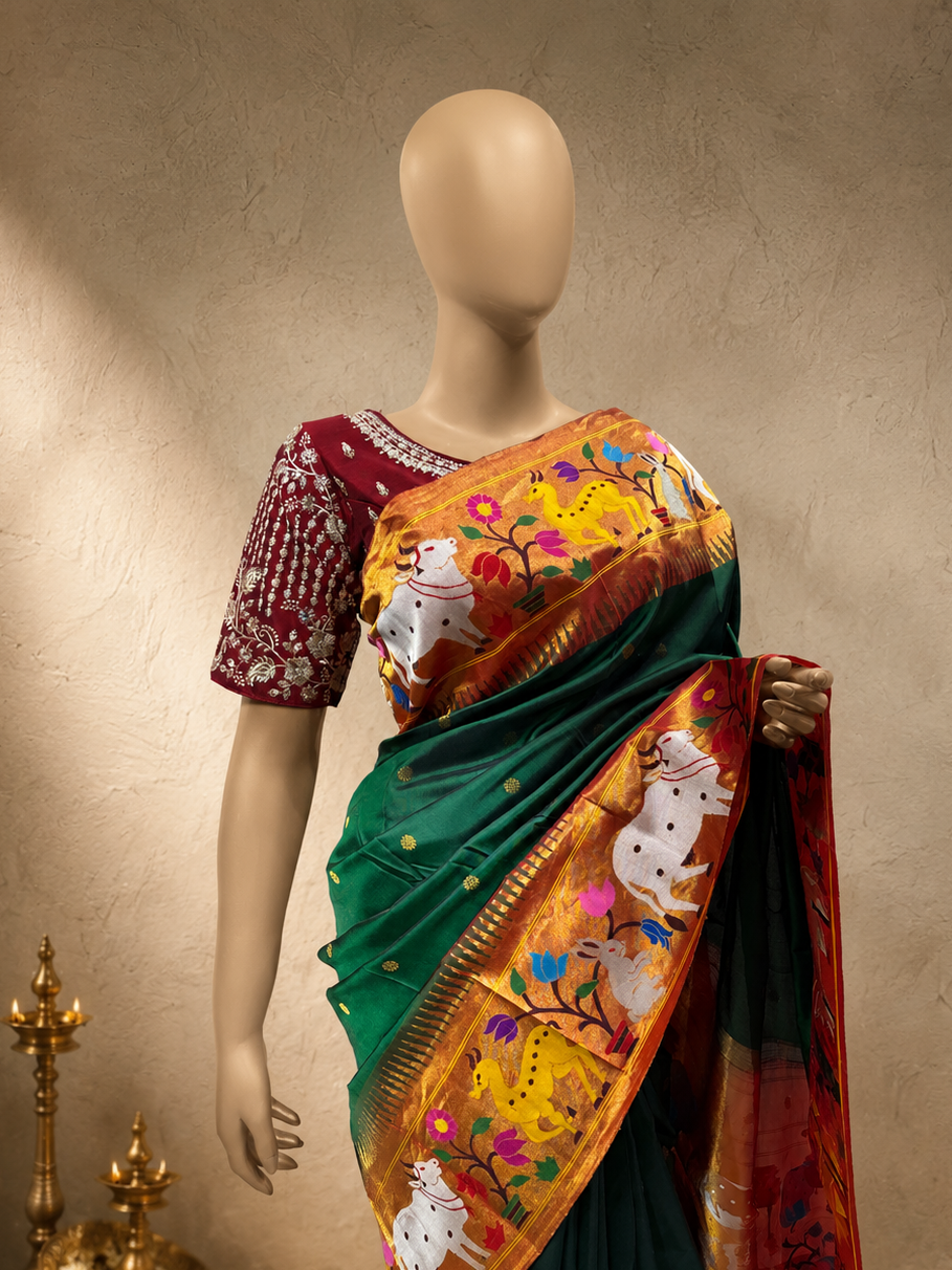 South Brocade Paithani with Cow, Bear, Rabbit and Lotus Border, All-Over Butti and Fancy Pallu