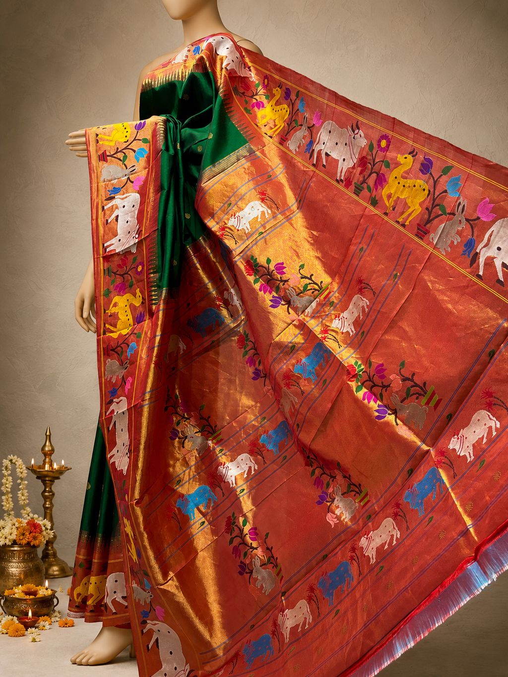 South Brocade Paithani with Cow, Bear, Rabbit and Lotus Border, All-Over Butti and Fancy Pallu