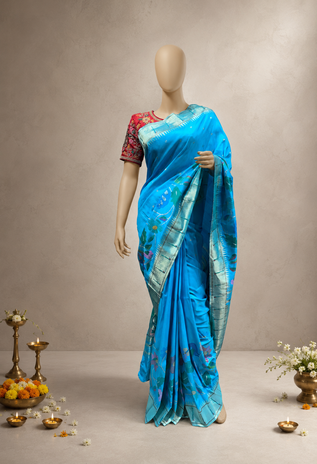 Handloom Brocade Paithani with One-Side Skirt, One-Side Muniya Resham Border and Fancy Pallu