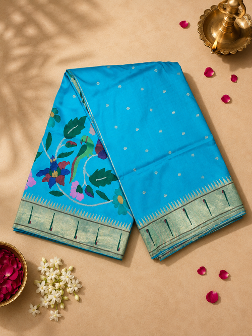 Handloom Brocade Paithani with One-Side Skirt, One-Side Muniya Resham Border and Fancy Pallu