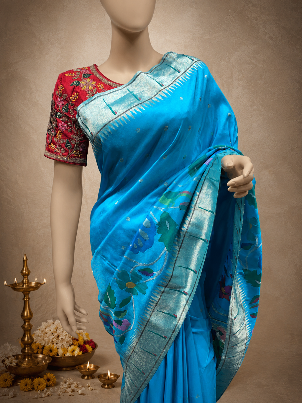 Handloom Brocade Paithani with One-Side Skirt, One-Side Muniya Resham Border and Fancy Pallu