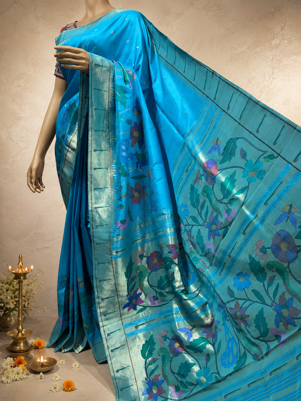 Handloom Brocade Paithani with One-Side Skirt, One-Side Muniya Resham Border and Fancy Pallu