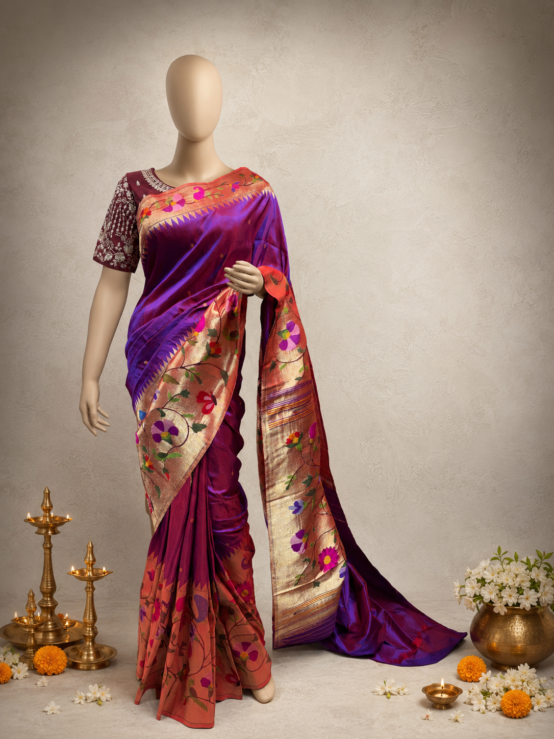 Handloom Brocade Paithani with One-Side Big Border, One-Side Small Flower Border and Fancy Pallu