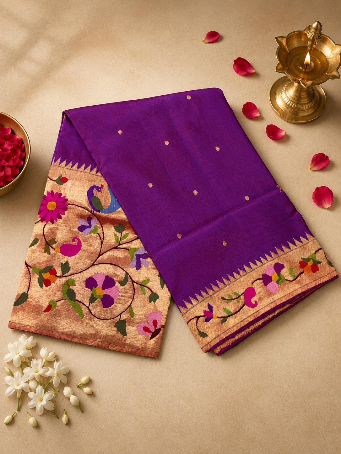 Handloom Brocade Paithani with One-Side Big Border, One-Side Small Flower Border and Fancy Pallu