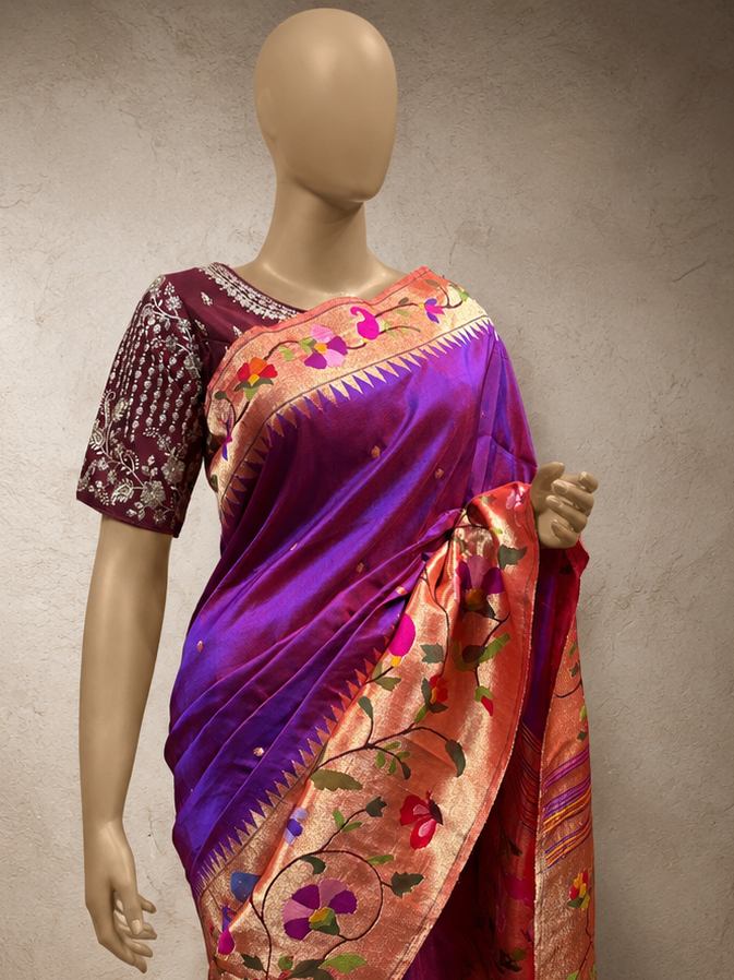 Handloom Brocade Paithani with One-Side Big Border, One-Side Small Flower Border and Fancy Pallu