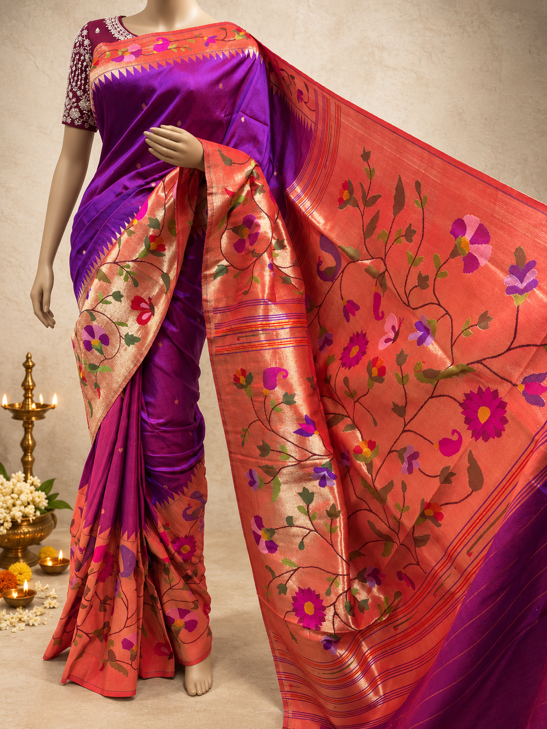 Handloom Brocade Paithani with One-Side Big Border, One-Side Small Flower Border and Fancy Pallu