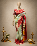 Handloom Triple Muniya Border Brocade Paithani with Full-Body Digital Stripes and Bear-Design Pallu