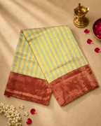 Handloom Triple Muniya Border Brocade Paithani with Full-Body Digital Stripes and Bear-Design Pallu