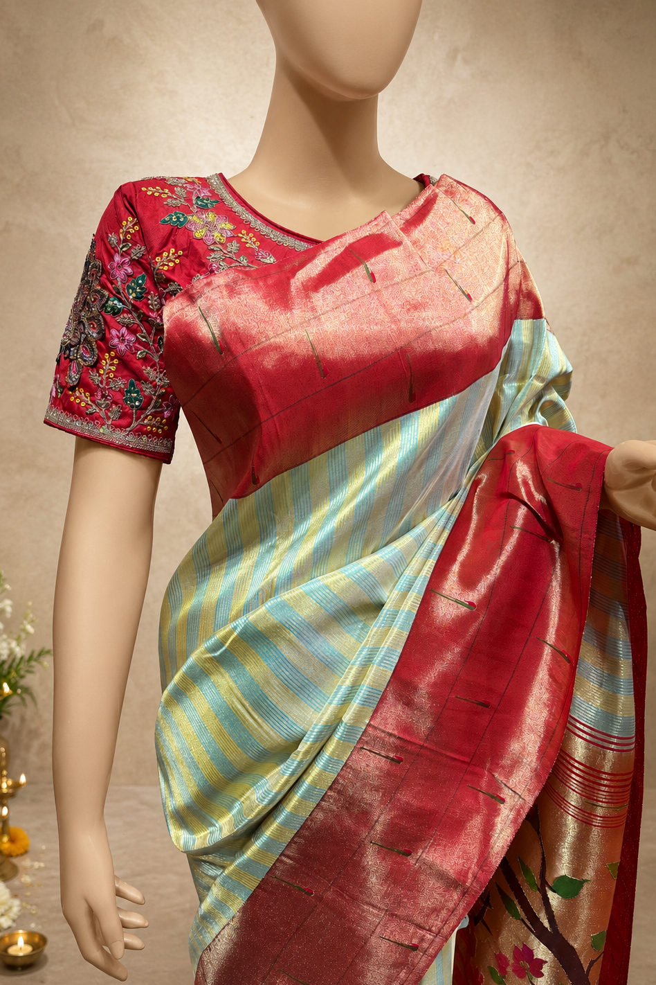 Handloom Triple Muniya Border Brocade Paithani with Full-Body Digital Stripes and Bear-Design Pallu