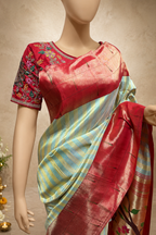 Handloom Triple Muniya Border Brocade Paithani with Full-Body Digital Stripes and Bear-Design Pallu