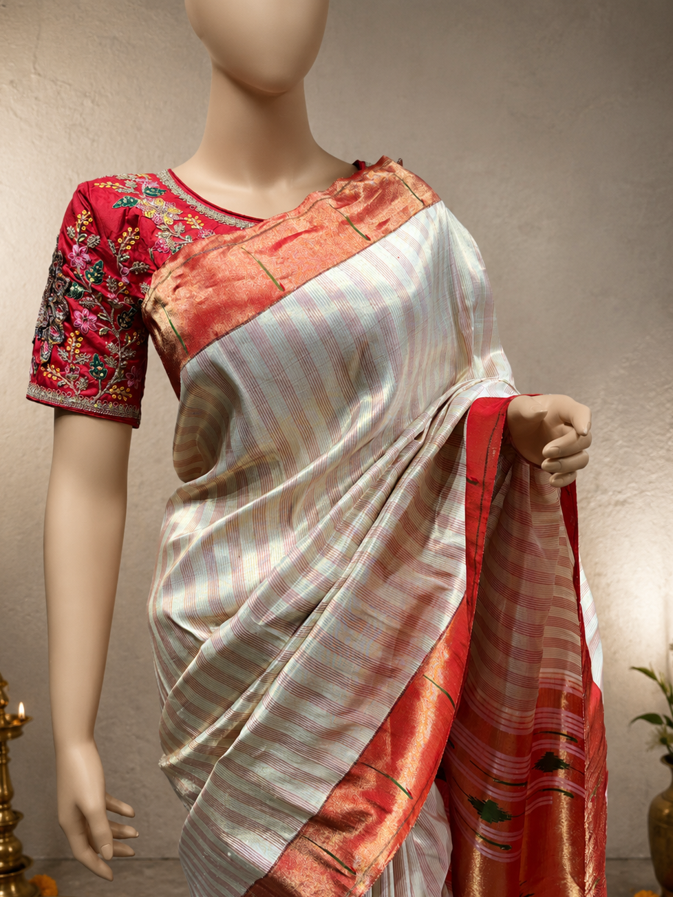 Handloom Single Muniya Brocade Paithani with Full-Body Digital Stripes and Fancy Asawali Pallu