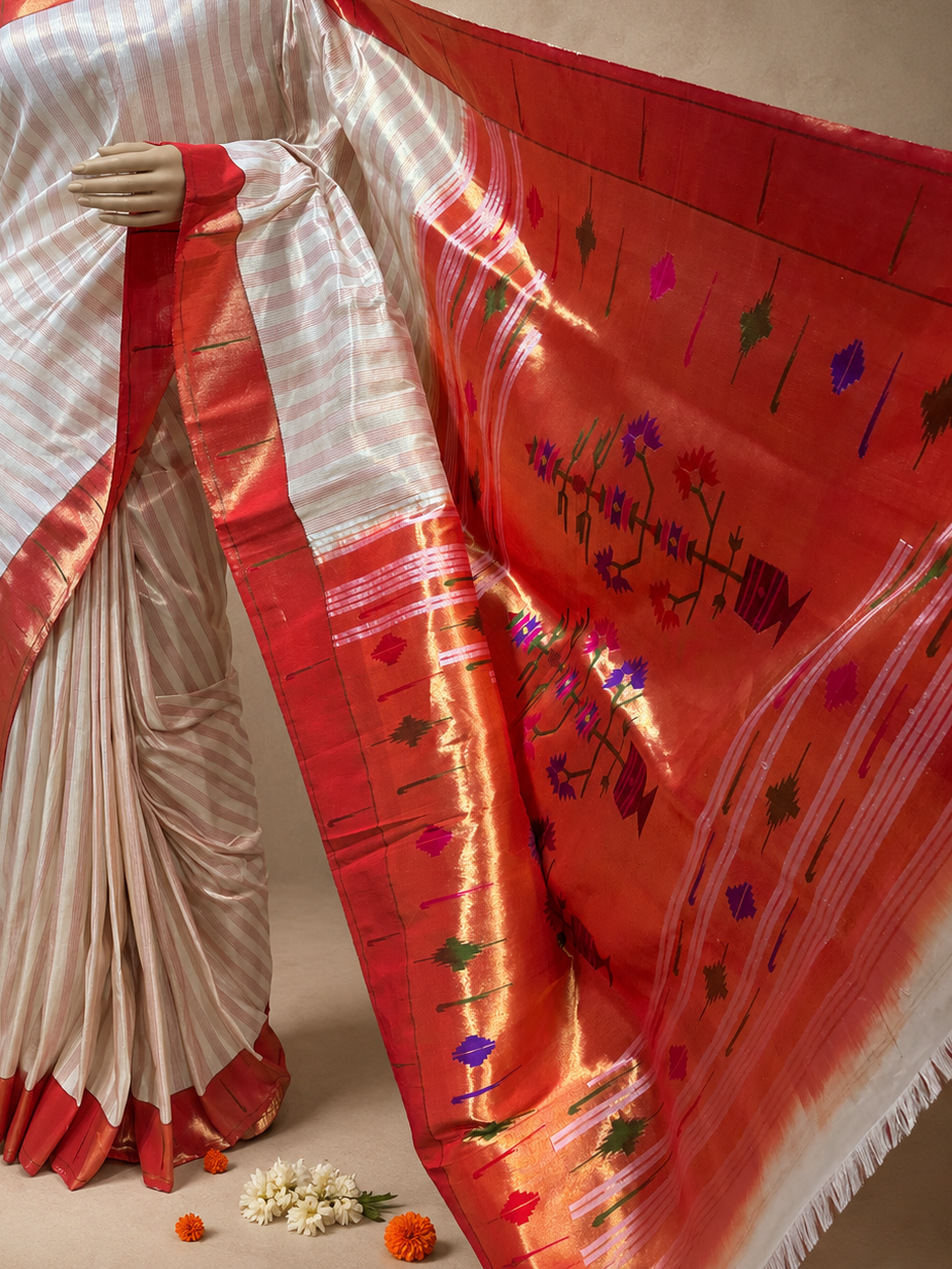Handloom Single Muniya Brocade Paithani with Full-Body Digital Stripes and Fancy Asawali Pallu