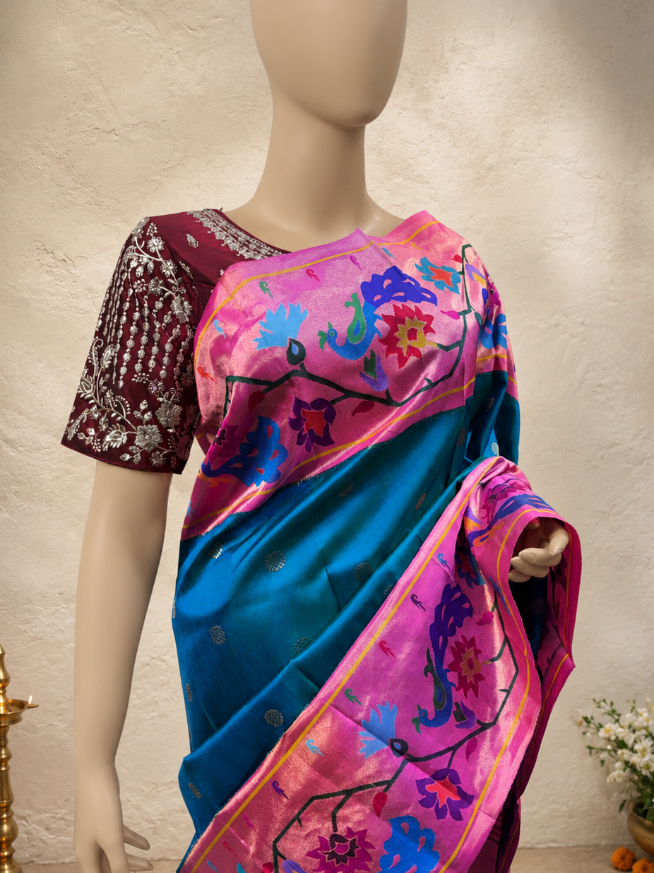 South Brocade Paithani with Peacock Flower Border and All-Over Butta