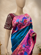 South Brocade Paithani with Peacock Flower Border and All-Over Butta