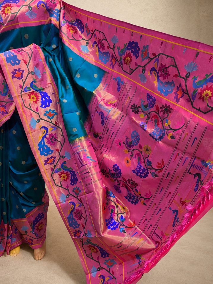 South Brocade Paithani with Peacock Flower Border and All-Over Butta