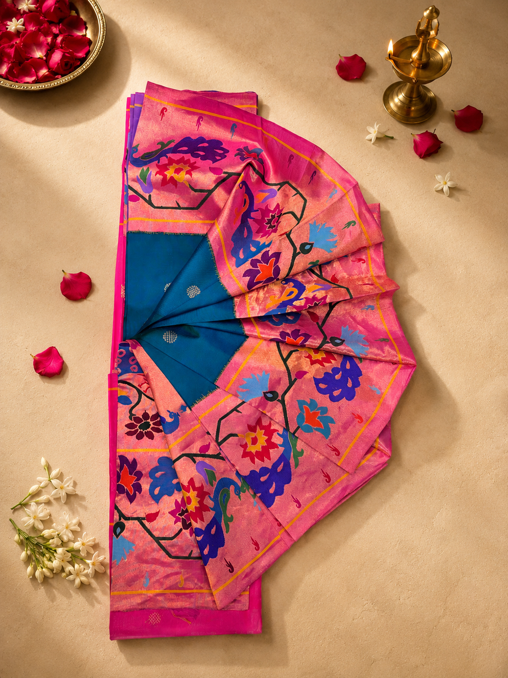 South Brocade Paithani with Peacock Flower Border and All-Over Butta