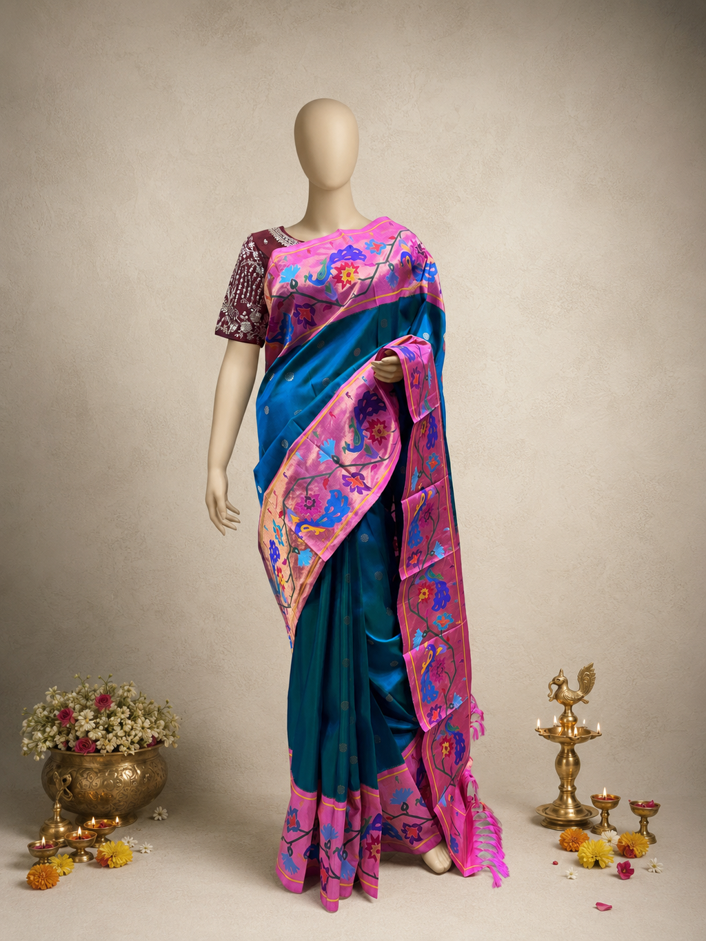 South Brocade Paithani with Peacock Flower Border and All-Over Butta