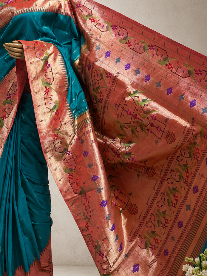 Paithani Brocade with Parrot Border, Side Muniya, All-Over Muniya Butti and Fancy Pallu