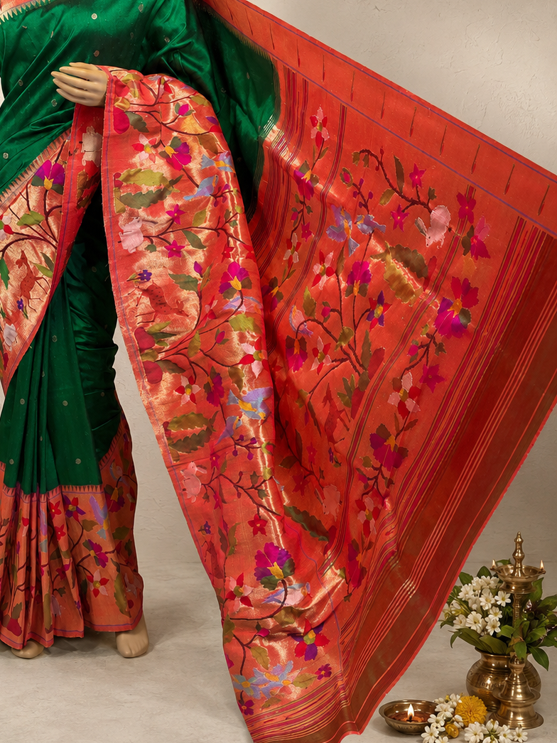 Paithani Brocade with One-Side Skirt Border, One-Side Muniya Border and Fancy Pallu