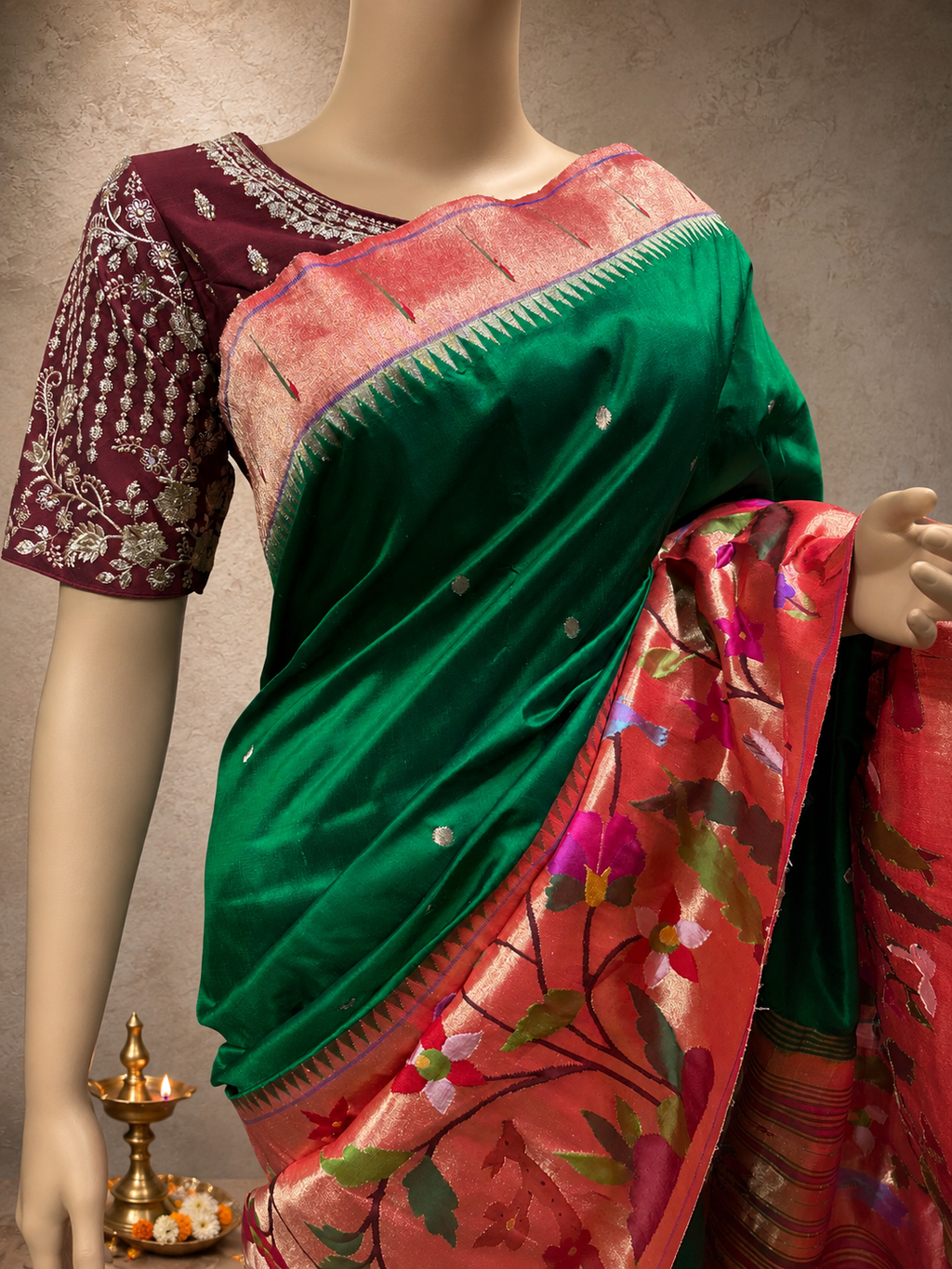 Paithani Brocade with One-Side Skirt Border, One-Side Muniya Border and Fancy Pallu