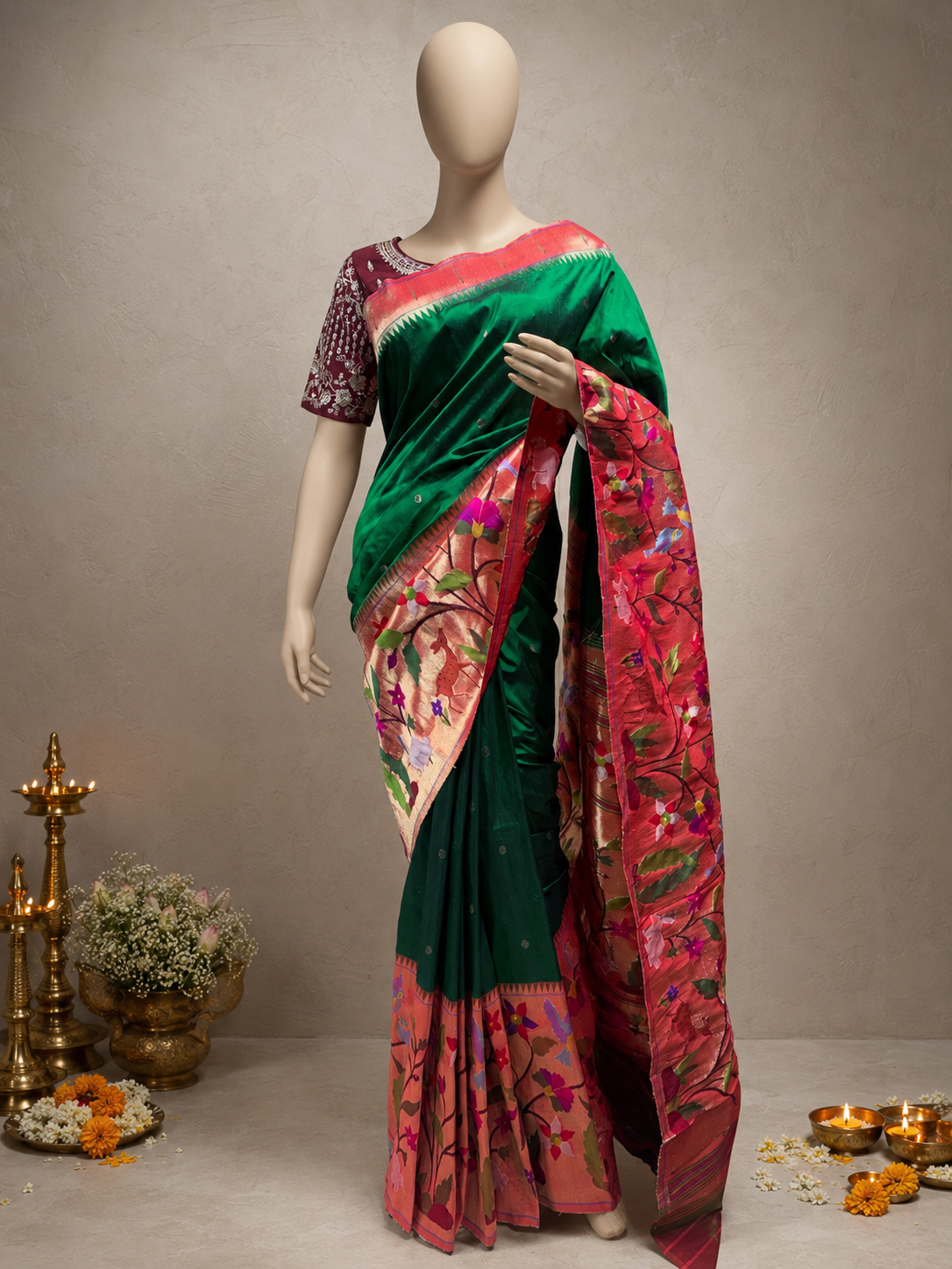 Paithani Brocade with One-Side Skirt Border, One-Side Muniya Border and Fancy Pallu