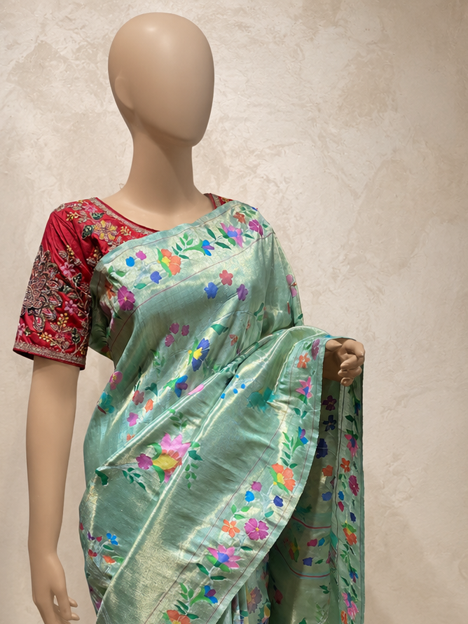 Paithani Brocade with All-Over Zari and Flower Border