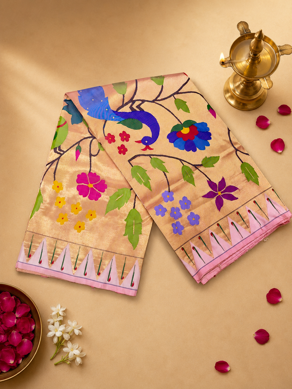 Paithani All-Over Brocade Zari with Temple and Muniya Border and Fancy Pallu