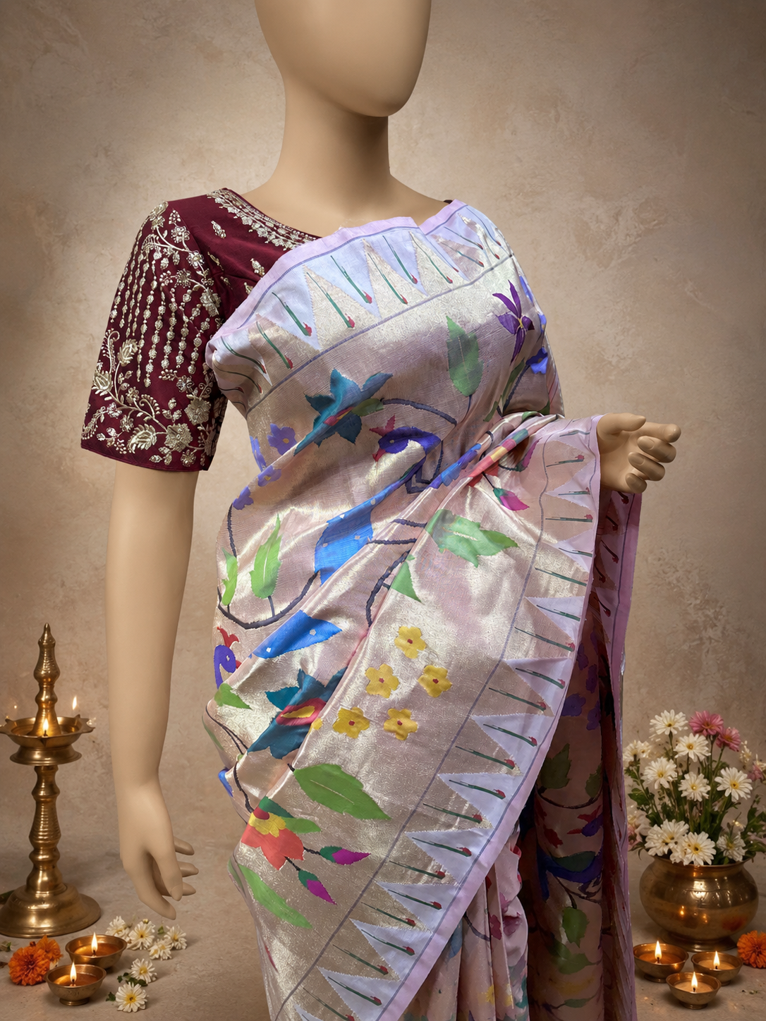Paithani All-Over Brocade Zari with Temple and Muniya Border and Fancy Pallu