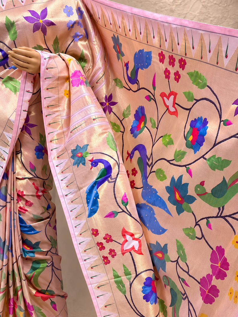 Paithani All-Over Brocade Zari with Temple and Muniya Border and Fancy Pallu
