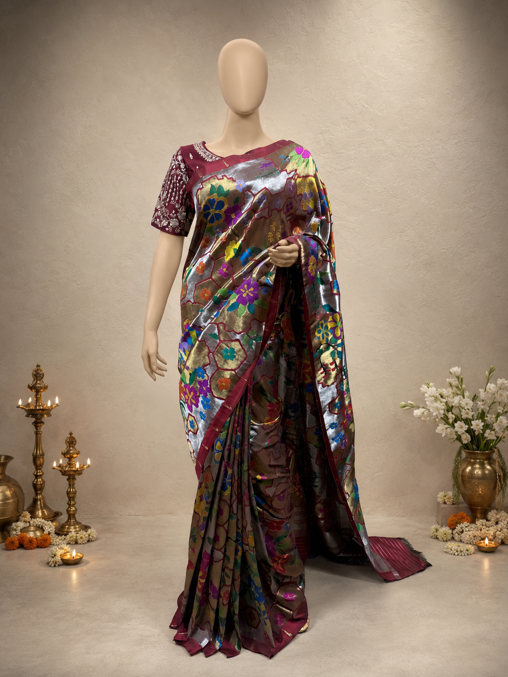 Paithani Brocade with All-Over Silver and Golden Zari, Multicolour Body, Flower Border, Contrast Muniya Border and Fancy Pallu