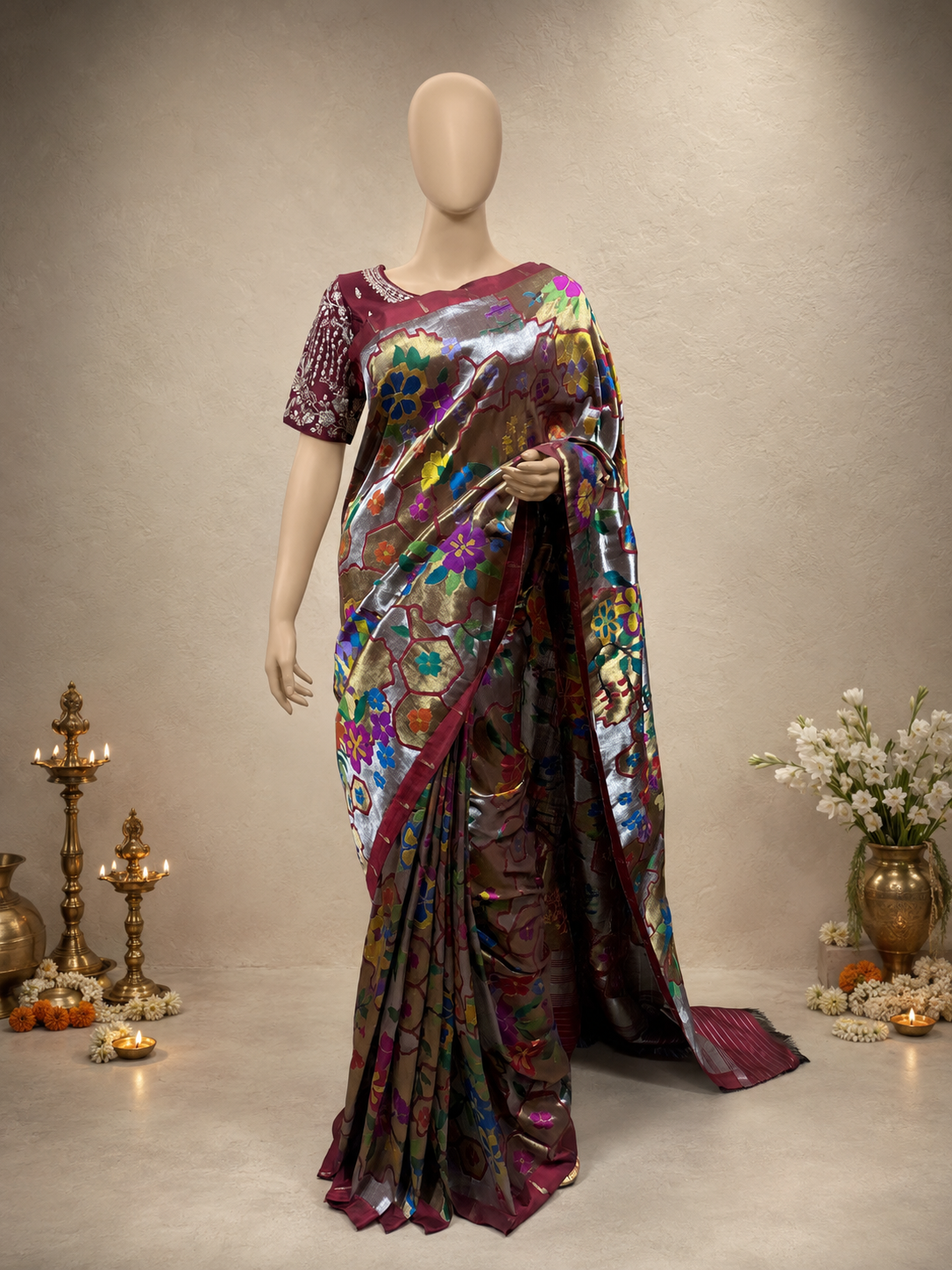 Paithani Brocade with All-Over Silver and Golden Zari, Multicolour Body, Flower Border, Contrast Muniya Border and Fancy Pallu