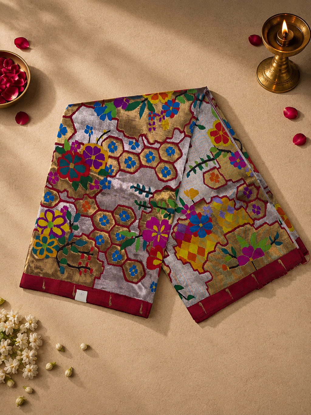 Paithani Brocade with All-Over Silver and Golden Zari, Multicolour Body, Flower Border, Contrast Muniya Border and Fancy Pallu